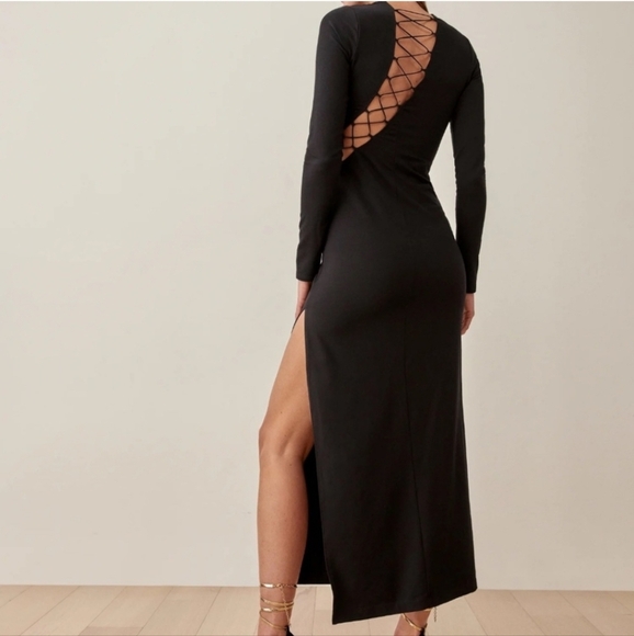 Reformation Kinsey Knit Long Sleeve Dress Size Large in Black Lace Up Cut Outs - Picture 4 of 10
